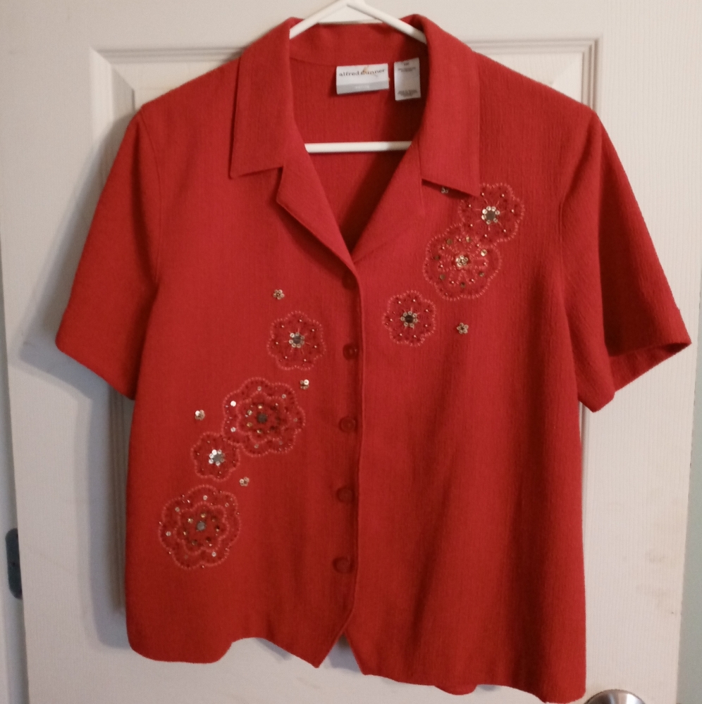 Vintage Alfred Dunner Embellished Button Short Sleeve Top Size 16 Petite.